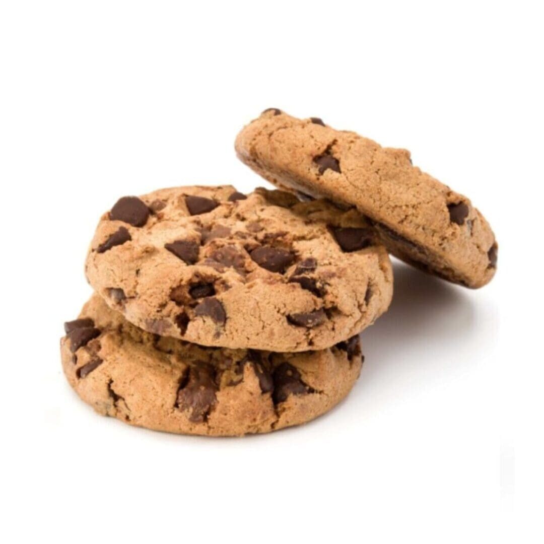 Three chocolate chip cookies stacked on a white background.